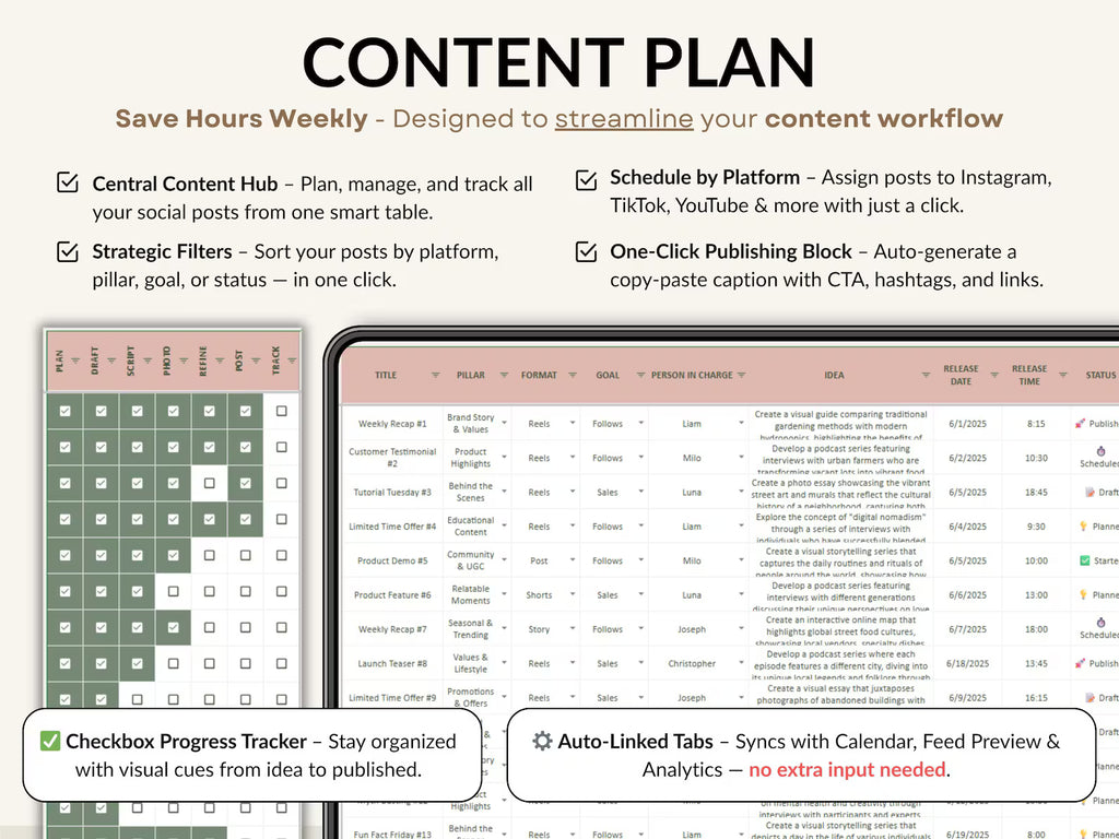 Content Planner Social Media Calendar Spreadsheet Monthly Content Tracker Social Media Posting Instagram TikTok Google Sheets Excel Template